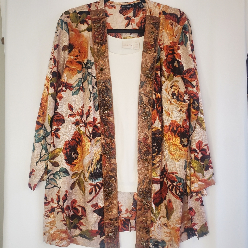 Susan Graver Artisan Sz LP Velour floral kimono/duster with embellished  sequins
